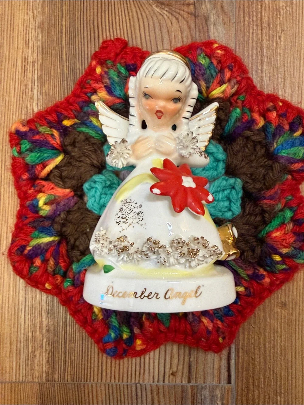 Vintage December Angel Ceramic Figurine - with spaghetti trim.